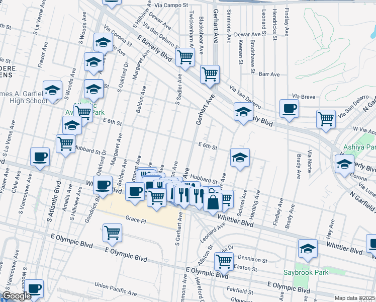 map of restaurants, bars, coffee shops, grocery stores, and more near 640 1/2 South Gerhart Avenue in East Los Angeles