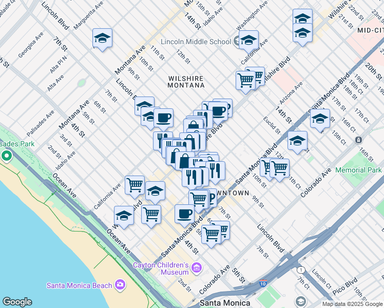 map of restaurants, bars, coffee shops, grocery stores, and more near 808 Wilshire Boulevard in Santa Monica