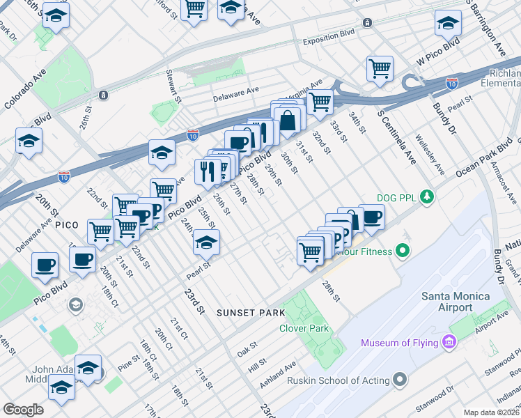 map of restaurants, bars, coffee shops, grocery stores, and more near 2325 27th Street in Santa Monica