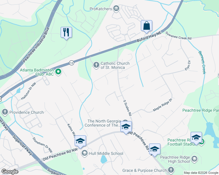 map of restaurants, bars, coffee shops, grocery stores, and more near 3484 Debbie Court Northwest in Duluth