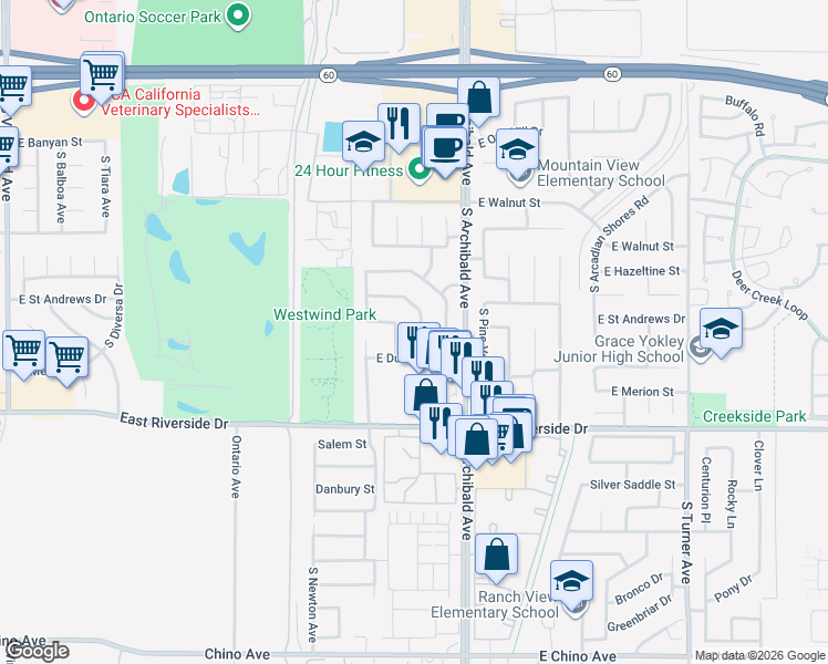 map of restaurants, bars, coffee shops, grocery stores, and more near 2845 South Sea Island Trail in Ontario