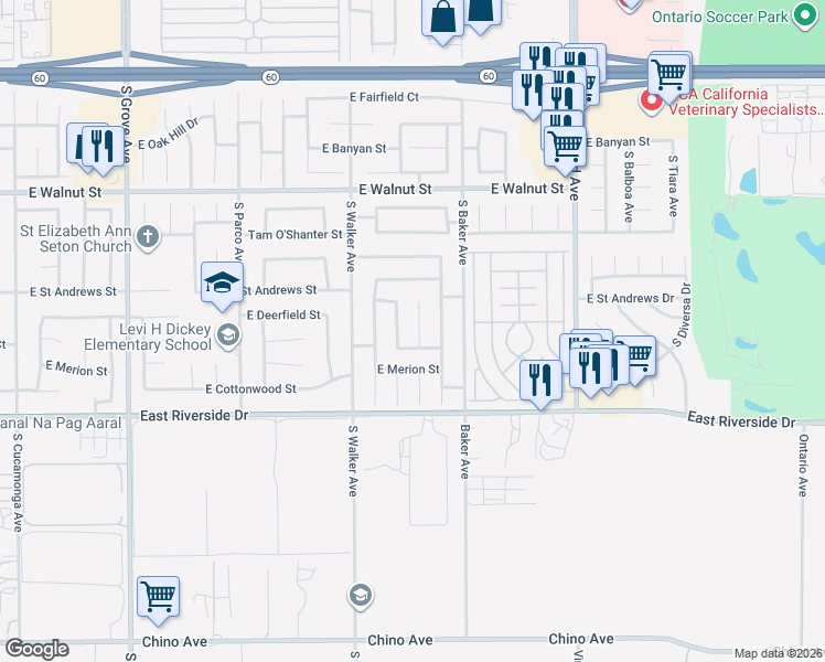 map of restaurants, bars, coffee shops, grocery stores, and more near 2850 South Cascades Trail in Ontario