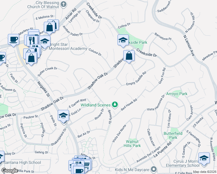 map of restaurants, bars, coffee shops, grocery stores, and more near 19304 Flaming Arrow Circle in Walnut