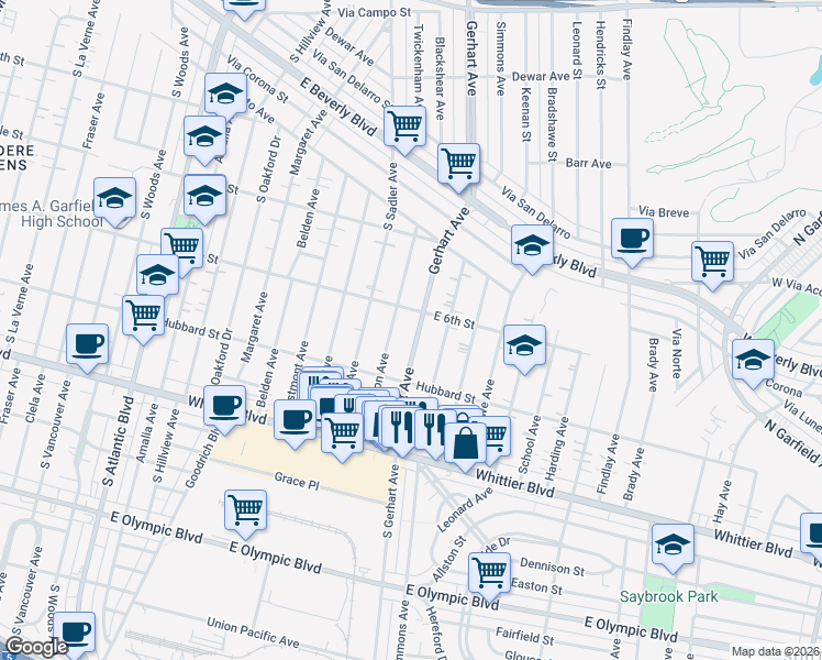 map of restaurants, bars, coffee shops, grocery stores, and more near 640 1/2 South Gerhart Avenue in East Los Angeles