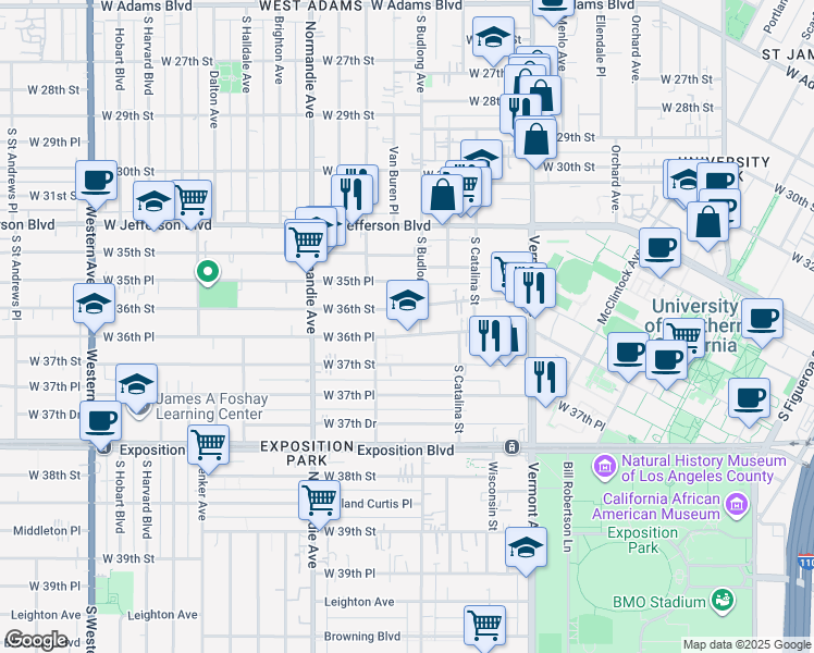 map of restaurants, bars, coffee shops, grocery stores, and more near 1260 West 36th Place in Los Angeles