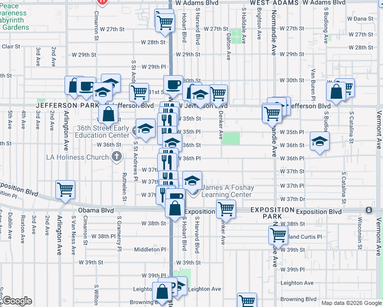 map of restaurants, bars, coffee shops, grocery stores, and more near 1610 West 36th Place in Los Angeles
