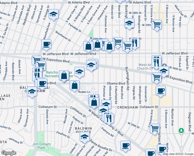 map of restaurants, bars, coffee shops, grocery stores, and more near 4600 Obama Boulevard in Los Angeles