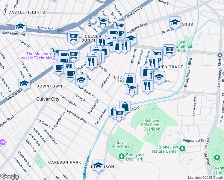 map of restaurants, bars, coffee shops, grocery stores, and more near 9065 Lucerne Avenue in Culver City
