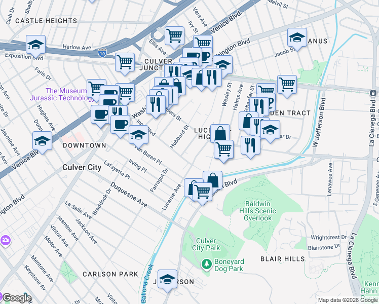 map of restaurants, bars, coffee shops, grocery stores, and more near 9065 Lucerne Avenue in Culver City