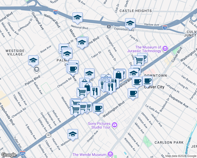 map of restaurants, bars, coffee shops, grocery stores, and more near 3737 Motor Avenue in Los Angeles
