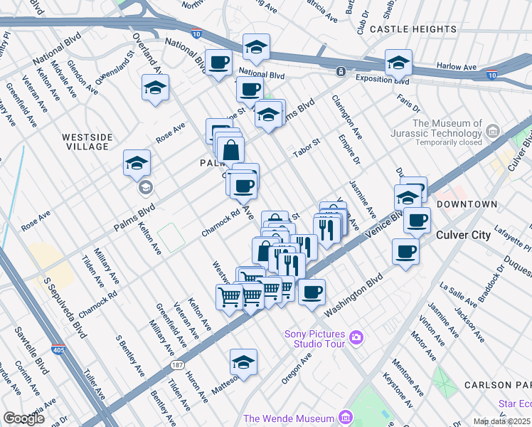 map of restaurants, bars, coffee shops, grocery stores, and more near 10617 Regent Street in Los Angeles