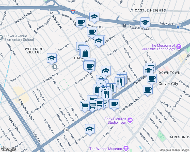 map of restaurants, bars, coffee shops, grocery stores, and more near 10617 Regent Street in Los Angeles