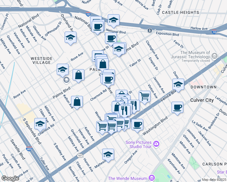 map of restaurants, bars, coffee shops, grocery stores, and more near 10715 Francis Place in Los Angeles