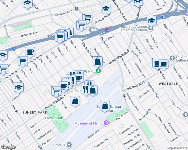map of restaurants, bars, coffee shops, grocery stores, and more near 3320 Ocean Park Boulevard in Santa Monica