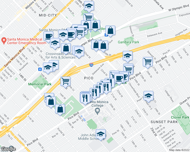 map of restaurants, bars, coffee shops, grocery stores, and more near 1921 20th Street in Santa Monica