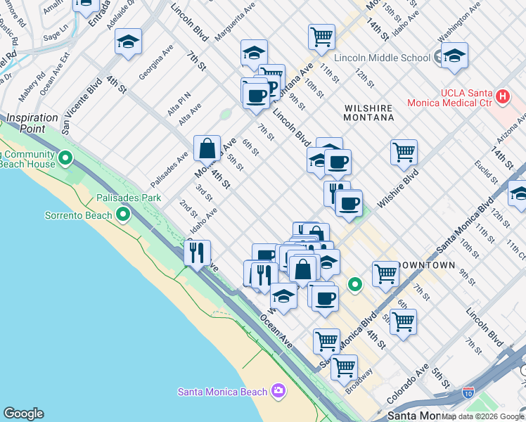 map of restaurants, bars, coffee shops, grocery stores, and more near 1002 4th Street in Santa Monica