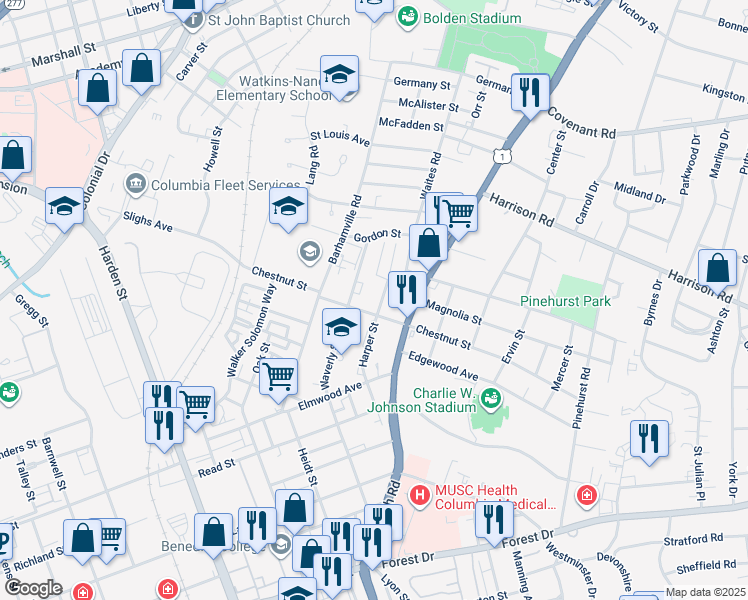 map of restaurants, bars, coffee shops, grocery stores, and more near 2410 Chestnut Street in Columbia