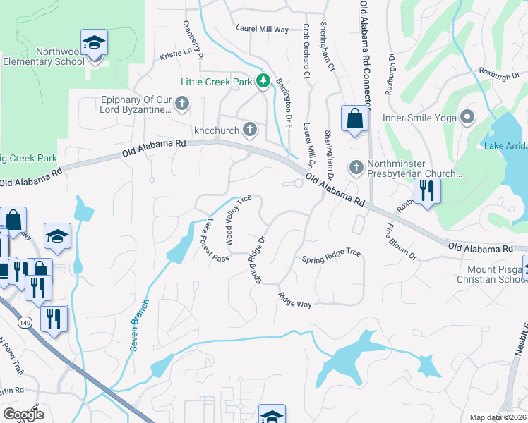 map of restaurants, bars, coffee shops, grocery stores, and more near 445 Spring Ridge Drive in Roswell