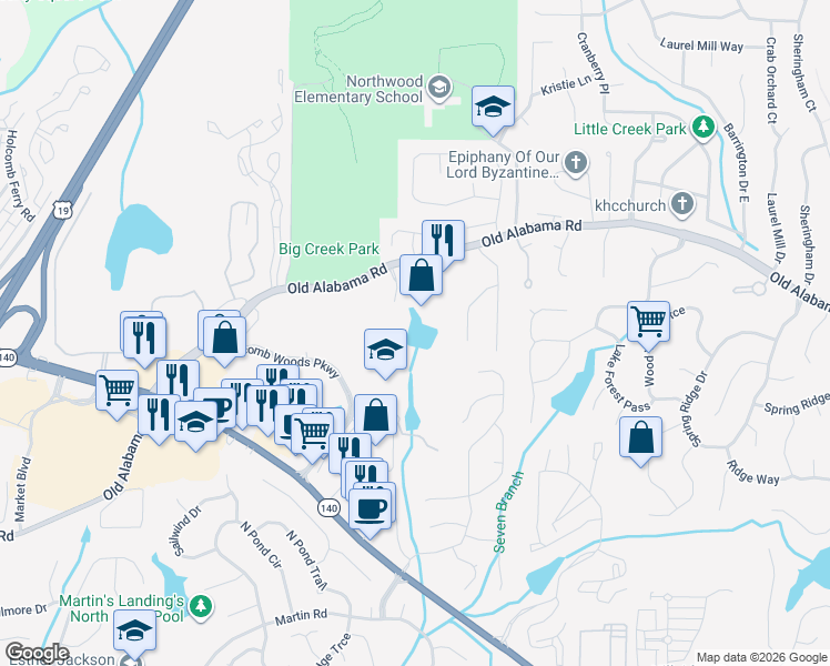 map of restaurants, bars, coffee shops, grocery stores, and more near 1805 Old Alabama Road in Roswell