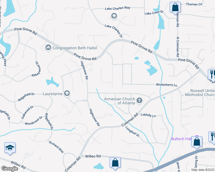 map of restaurants, bars, coffee shops, grocery stores, and more near 650 Hunterhill Court in Roswell