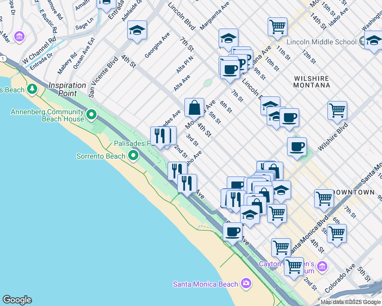 map of restaurants, bars, coffee shops, grocery stores, and more near 851 2nd Street in Santa Monica