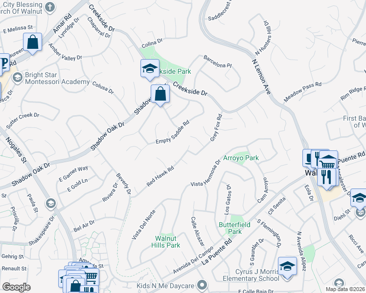 map of restaurants, bars, coffee shops, grocery stores, and more near 19451 Red Hawk Road in Walnut