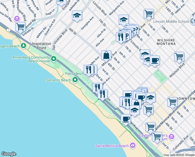 map of restaurants, bars, coffee shops, grocery stores, and more near 826 2nd Street in Santa Monica