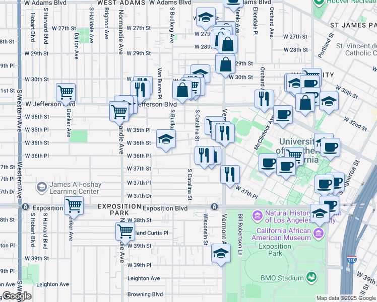 map of restaurants, bars, coffee shops, grocery stores, and more near 1203 West 36th Place in Los Angeles