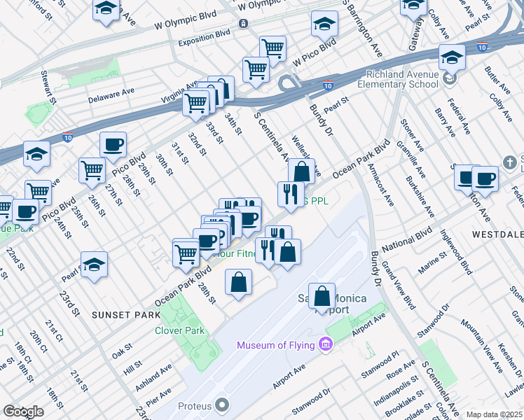map of restaurants, bars, coffee shops, grocery stores, and more near 2666 33rd Street in Santa Monica