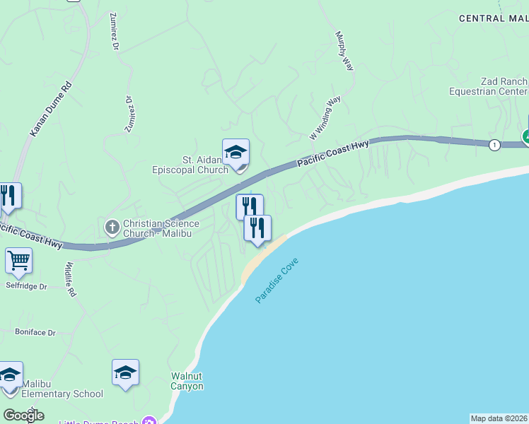 map of restaurants, bars, coffee shops, grocery stores, and more near 185 Paradise Cove Road in Malibu