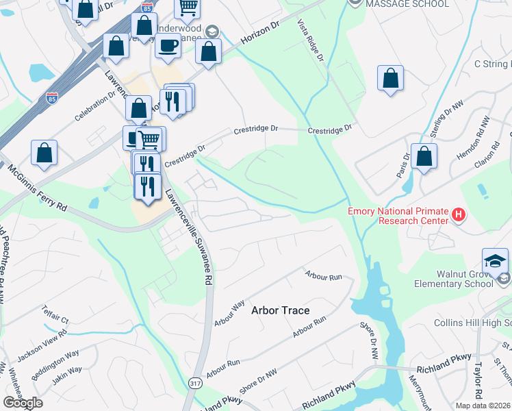 map of restaurants, bars, coffee shops, grocery stores, and more near 112 Reynolds Court in Suwanee