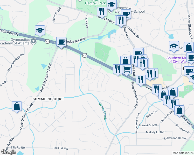 map of restaurants, bars, coffee shops, grocery stores, and more near 2880 Cobb Parkway North in Kennesaw
