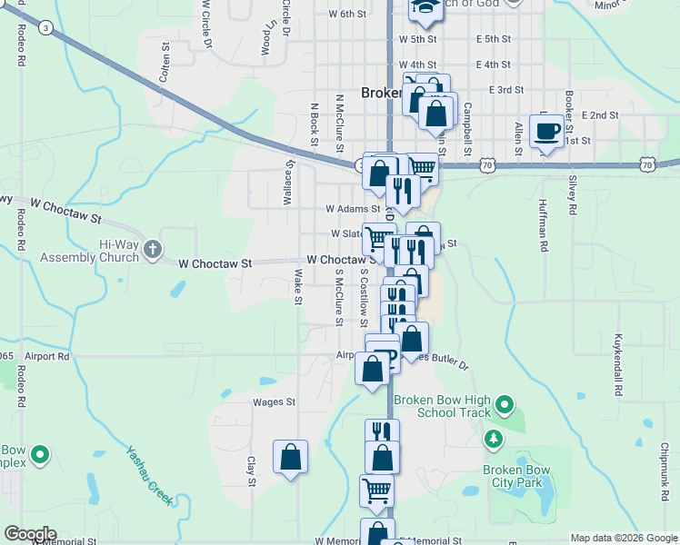 map of restaurants, bars, coffee shops, grocery stores, and more near 411 Jones Street in Broken Bow