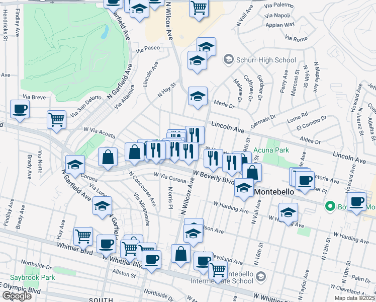 map of restaurants, bars, coffee shops, grocery stores, and more near 2200-2350 West Beverly Boulevard in Montebello