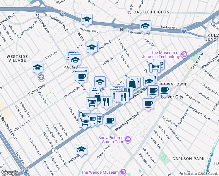 map of restaurants, bars, coffee shops, grocery stores, and more near 3737 Motor Avenue in Los Angeles
