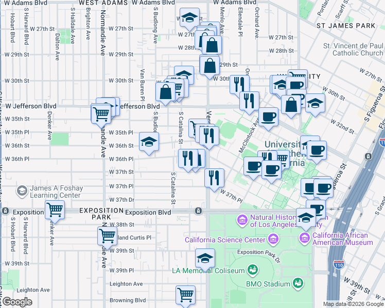 map of restaurants, bars, coffee shops, grocery stores, and more near 1147 West 37th Street in Los Angeles