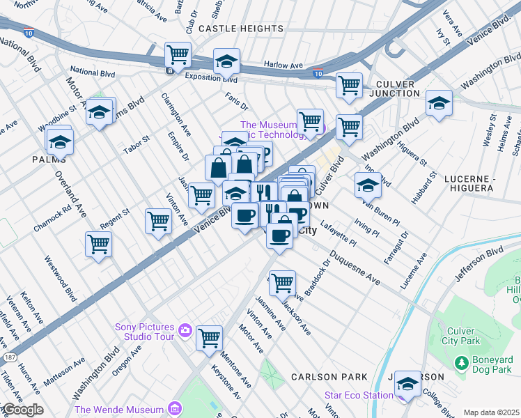 map of restaurants, bars, coffee shops, grocery stores, and more near 9901 Washington Boulevard in Culver City