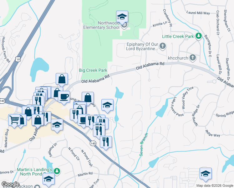 map of restaurants, bars, coffee shops, grocery stores, and more near 1805 Old Alabama Road in Roswell