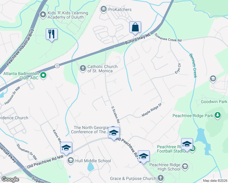 map of restaurants, bars, coffee shops, grocery stores, and more near 3458 South Scales Road in Duluth