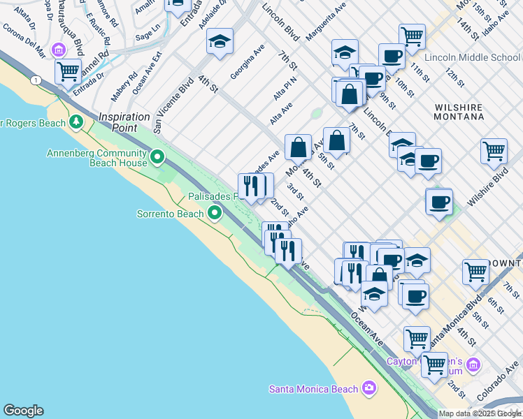 map of restaurants, bars, coffee shops, grocery stores, and more near 801 Ocean Avenue in Santa Monica