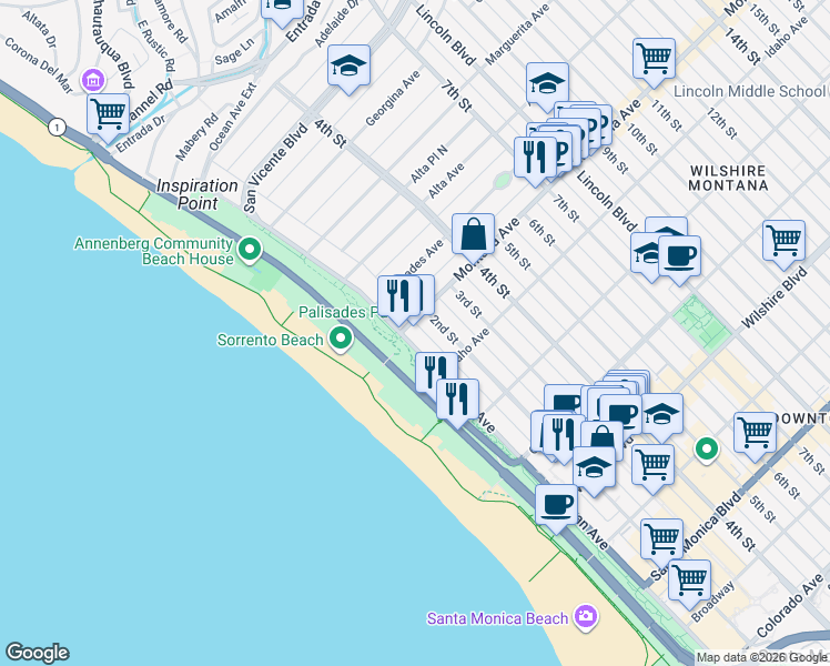 map of restaurants, bars, coffee shops, grocery stores, and more near 810 California 1 in Santa Monica