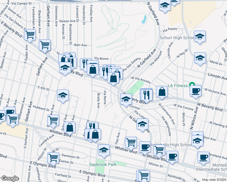 map of restaurants, bars, coffee shops, grocery stores, and more near 477 Via San Clemente in Montebello