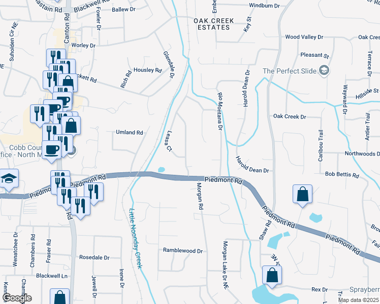 map of restaurants, bars, coffee shops, grocery stores, and more near 2930 Dara Drive in Marietta