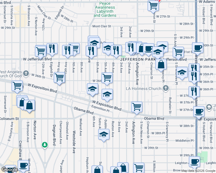 map of restaurants, bars, coffee shops, grocery stores, and more near 3620 5th Avenue in Los Angeles