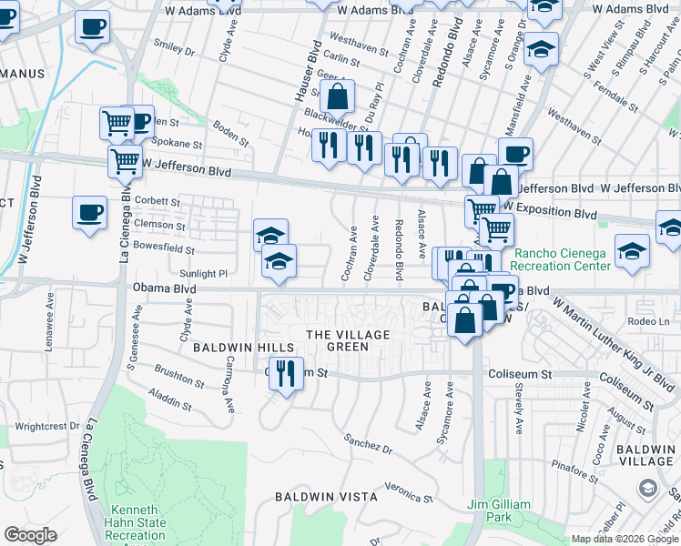 map of restaurants, bars, coffee shops, grocery stores, and more near 3549 Cochran Avenue in Los Angeles