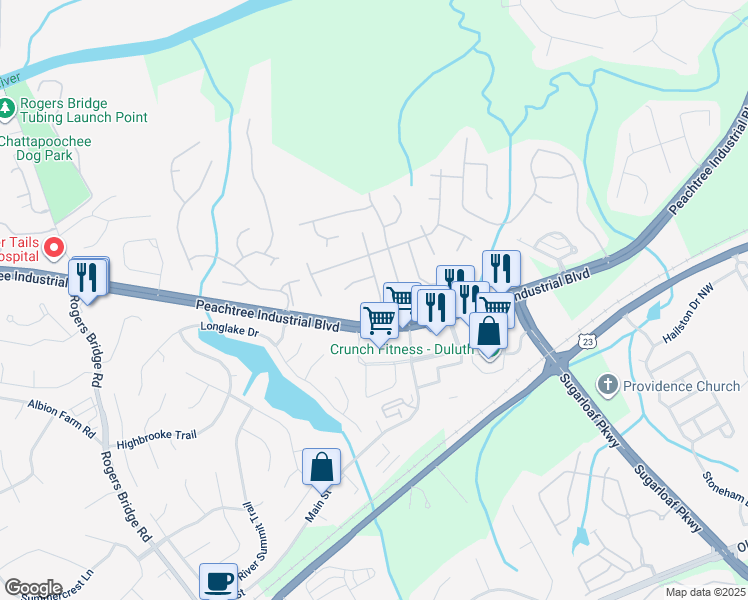 map of restaurants, bars, coffee shops, grocery stores, and more near 3880 Chastatee Drive in Duluth