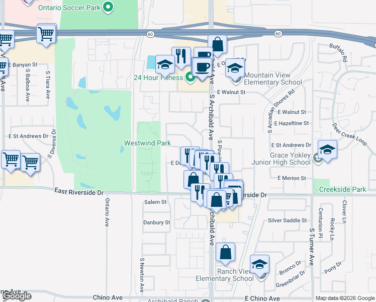 map of restaurants, bars, coffee shops, grocery stores, and more near 2845 South Sea Island Trail in Ontario