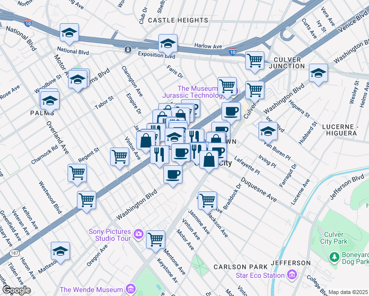 map of restaurants, bars, coffee shops, grocery stores, and more near 3825 Dunn Drive in Culver City