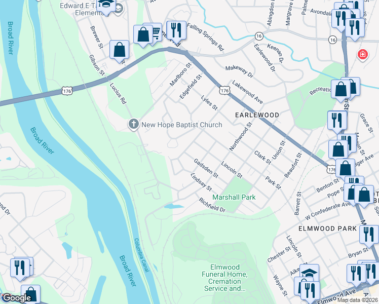 map of restaurants, bars, coffee shops, grocery stores, and more near 3216 Gadsden Street in Columbia