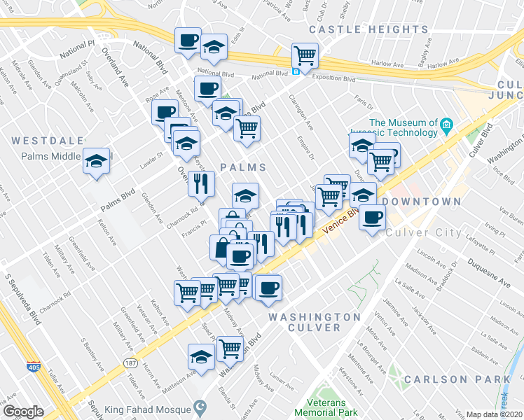 map of restaurants, bars, coffee shops, grocery stores, and more near 10420 Regent Street in Los Angeles